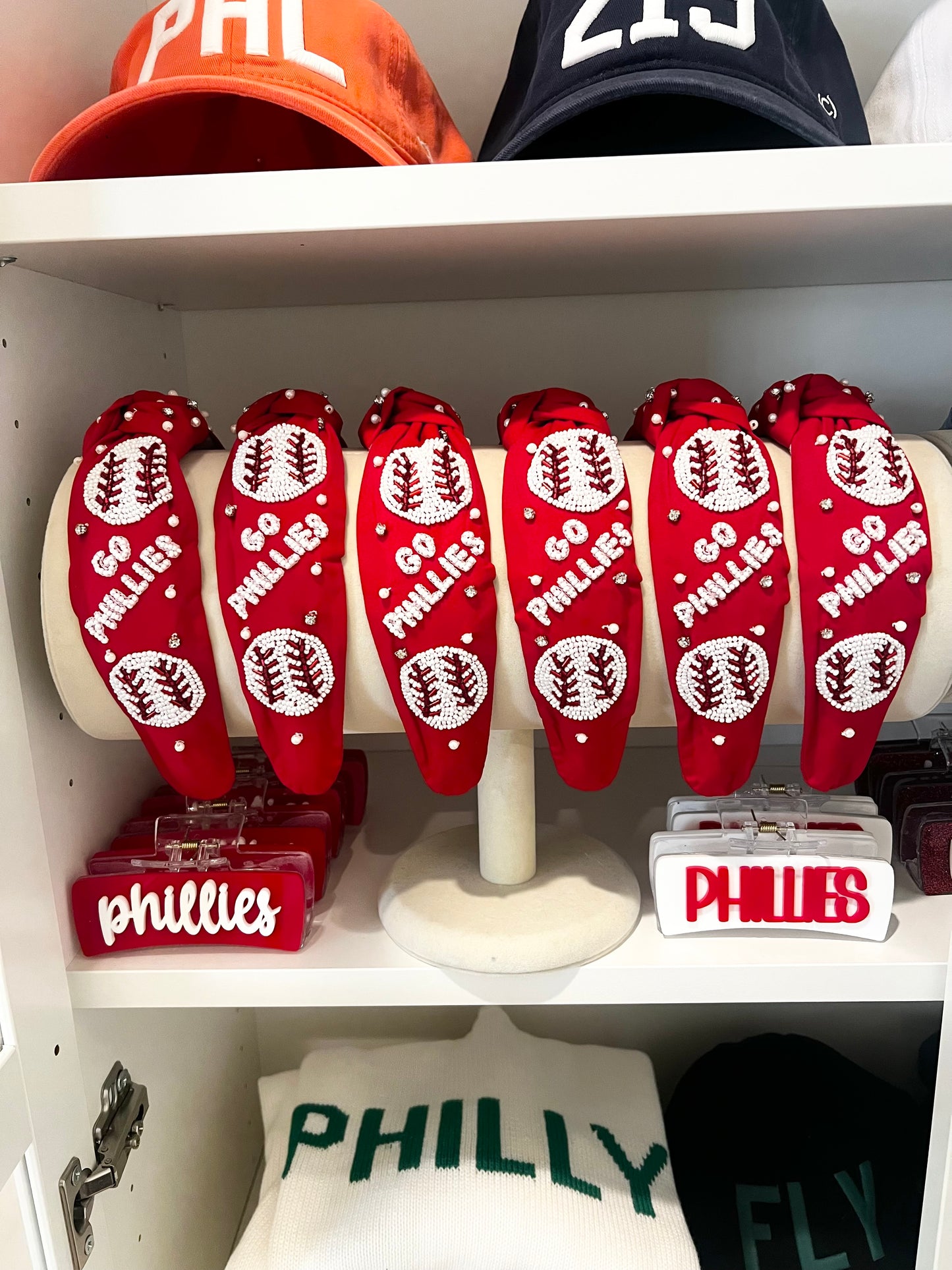 Red 'Go Phillies' Hand Beaded Knot Headband