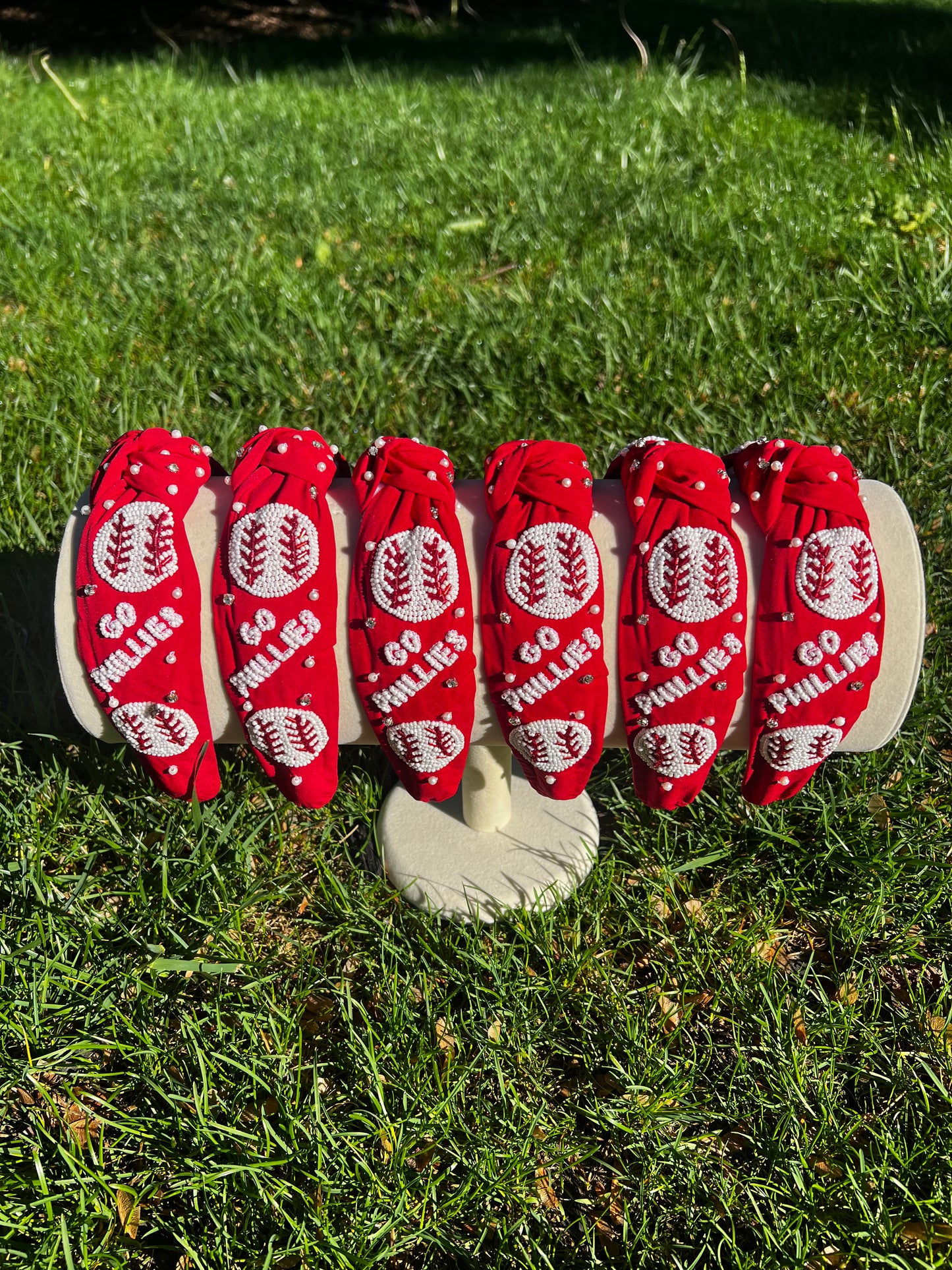 Red 'Go Phillies' Hand Beaded Knot Headband