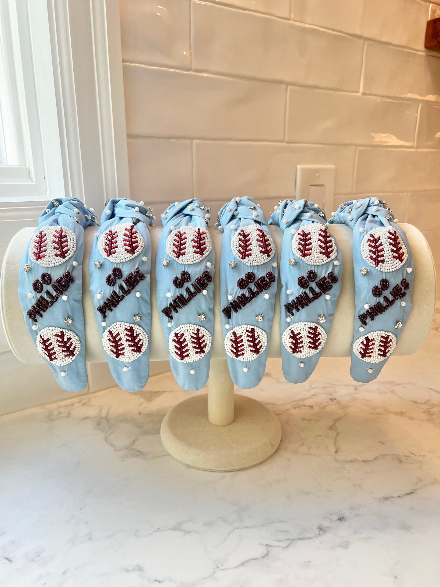 Blue 'Go Phillies' Hand Beaded Knot Headband