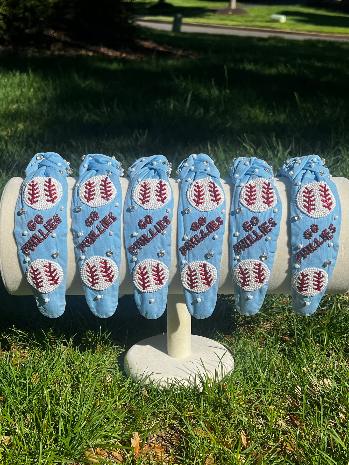 Blue 'Go Phillies' Hand Beaded Knot Headband