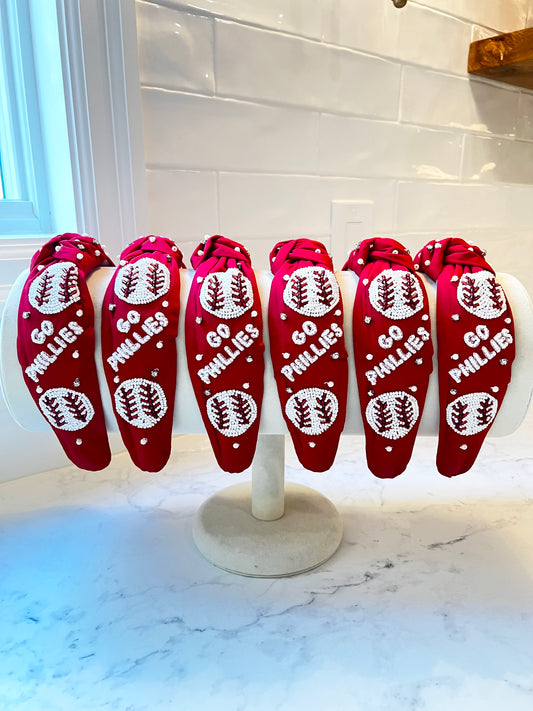 Red 'Go Phillies' Hand Beaded Knot Headband
