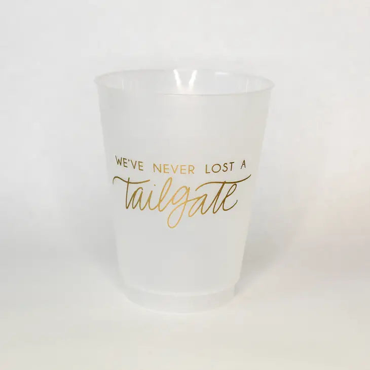 "We've Never Lost A Tailgate" Gold Frosted Reusable Cups (8)