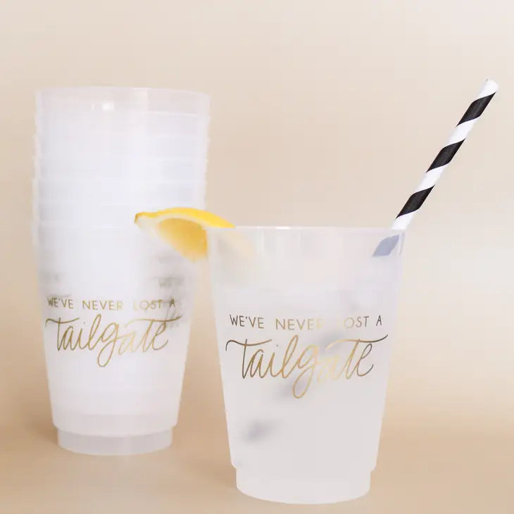 "We've Never Lost A Tailgate" Gold Frosted Reusable Cups (8)